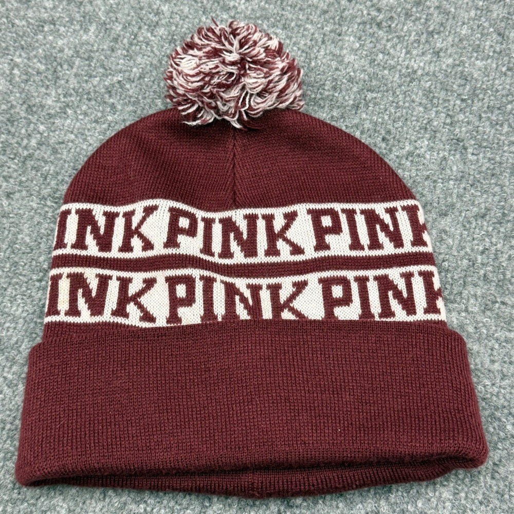 PINK‎ Victoria's Secret Beanie Maroon Burgundy Logo Pom Pom Knit Cuffed